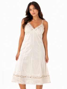 60s European Vintage St Michael Nylon Lace Floral Embroidered Slip Dress Cream M